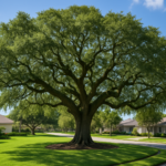 Large, mature tree with a wide canopy and sprawling branches standing on a well-kept lawn in a suburban neighborhood on a sunny day.