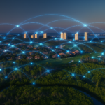 Aerial cityscape at dusk with illuminated blue network connection lines and points over residential homes, trees, and tall buildings, representing digital connectivity.