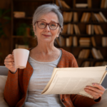 Older woman with gray hair and glasses sitting indoors, holding a white mug and reading a newspaper, with shelves of books in the background.
